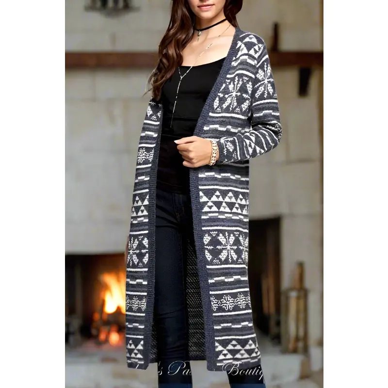 Fair Isle Cardigan Long Sweater - Navy