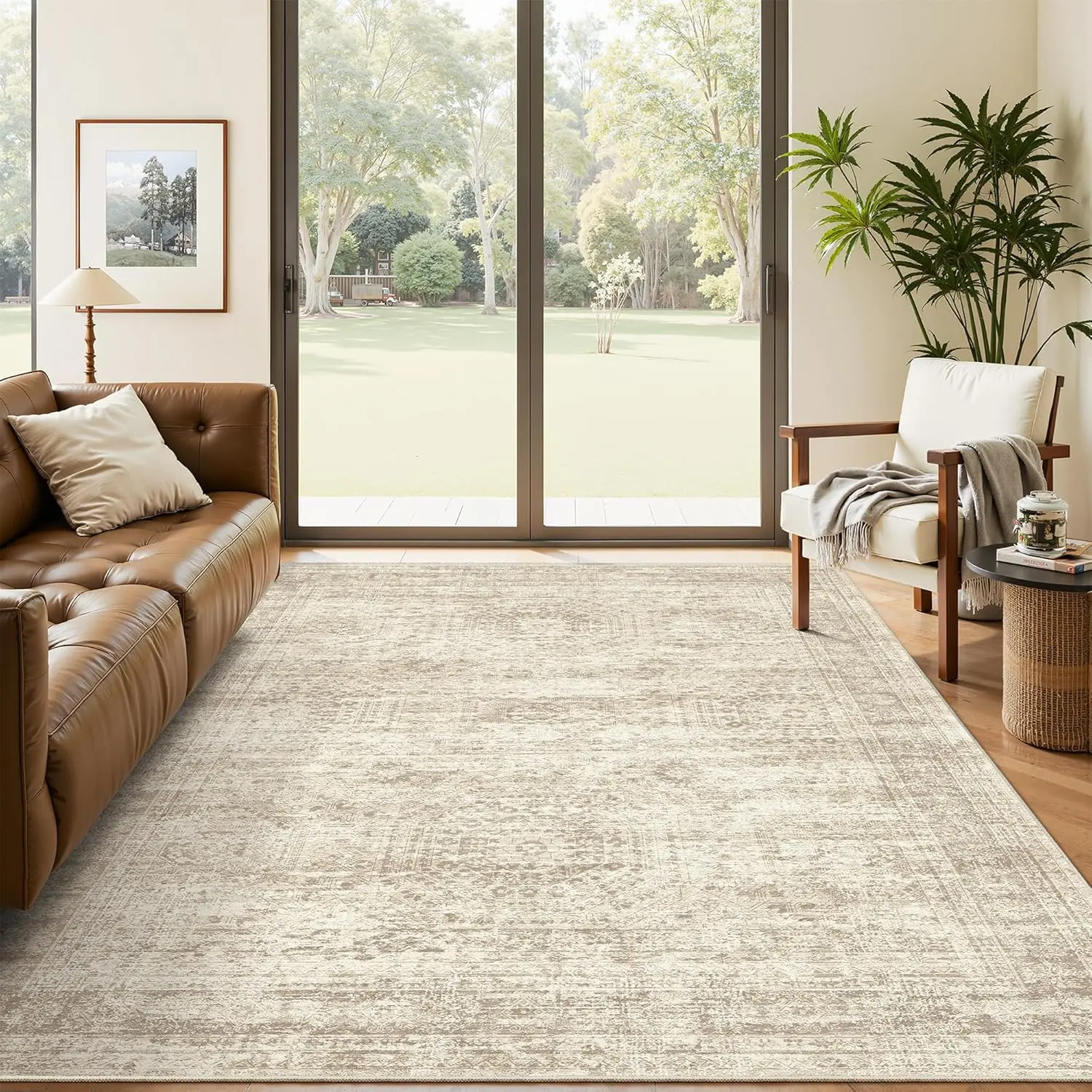 Beige Low-Pile Indoor Washable Faded Style Area Rug - Non-Slip, Foldable Thin Print Home Decor Rug for Living Room Decor, Bedroom, Home Office, Home Decor Rugs