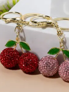 Fashionable Cherry Keychain with Full Rhinestones, Elegant Car Key Holder, Chic Bag Charm, Premium Quality Accessory