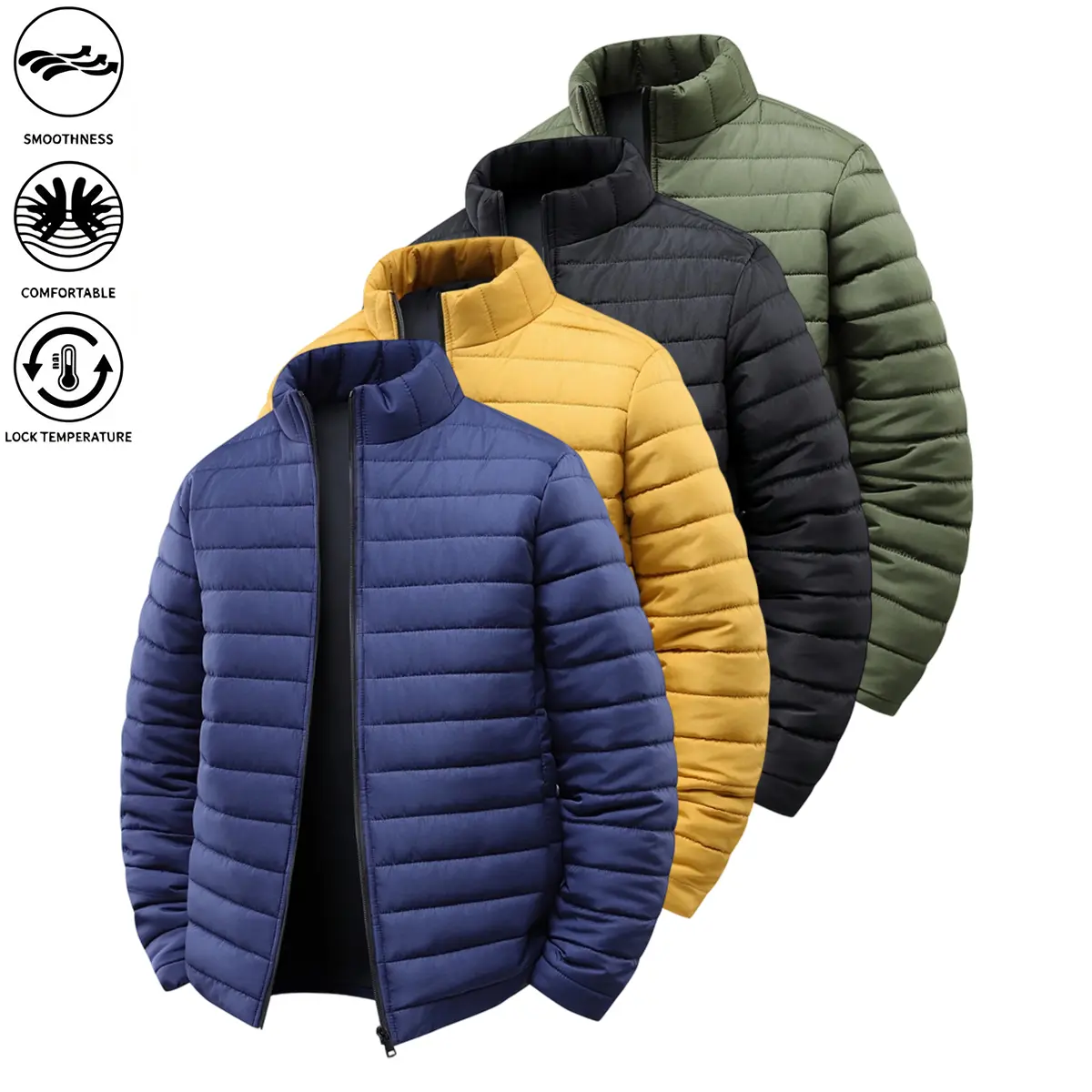 Men’s Stand Collar Quilted Puffer Jacket, Lightweight Full Zip Padded Coat, Windproof Water Resistant Thermal Insulated Outerwear, Casual Warm Winter Jacket for Daily Commute & Outdoor Activities