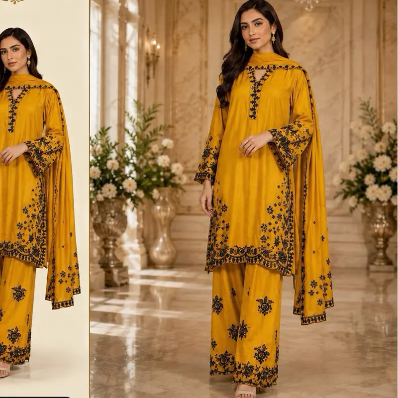 Yellow Satin Reon Fabric 3pcs Pakistan Suit Set, Lady's Formal Dress with Elegance
