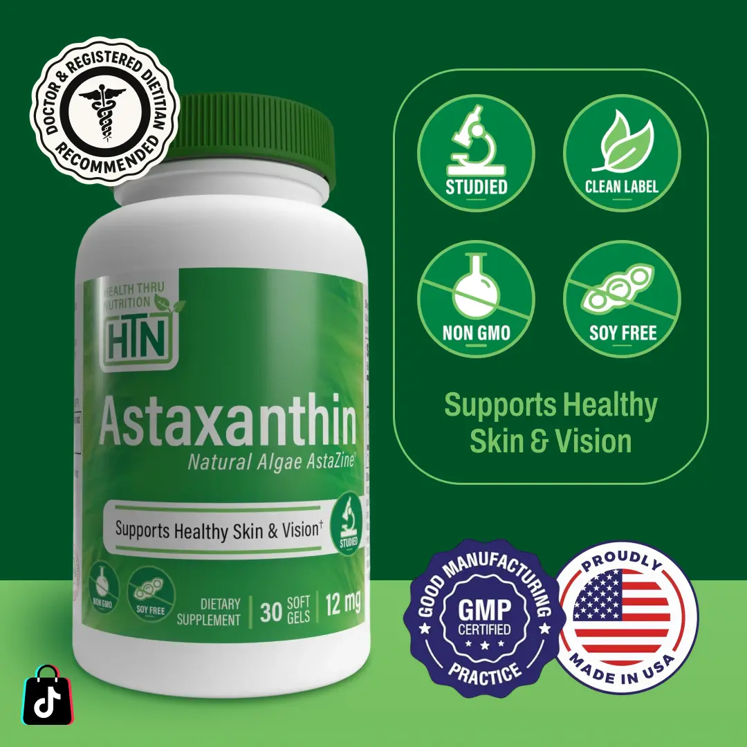 Health Thru Nutrition Astaxanthin 12mg as Natural Algae AstaZine® - Non-GMO, Gluten-Free, Supports Skin, Eye, & Joint Health, Dietary Supplement