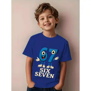 Boys' Cotton Crew Neck Short Sleeve Graphic T-Shirt - Number 67 & Digits Math-Themed Print, Casual All Seasons Playwear & Attire, Machine Washable