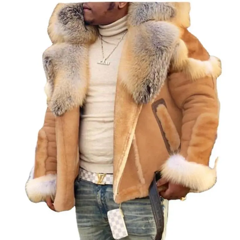 High-Quality Material Upgrade Thickened Men's Faux Leather Velvet Large Fur Collar Long Sleeve Jacket