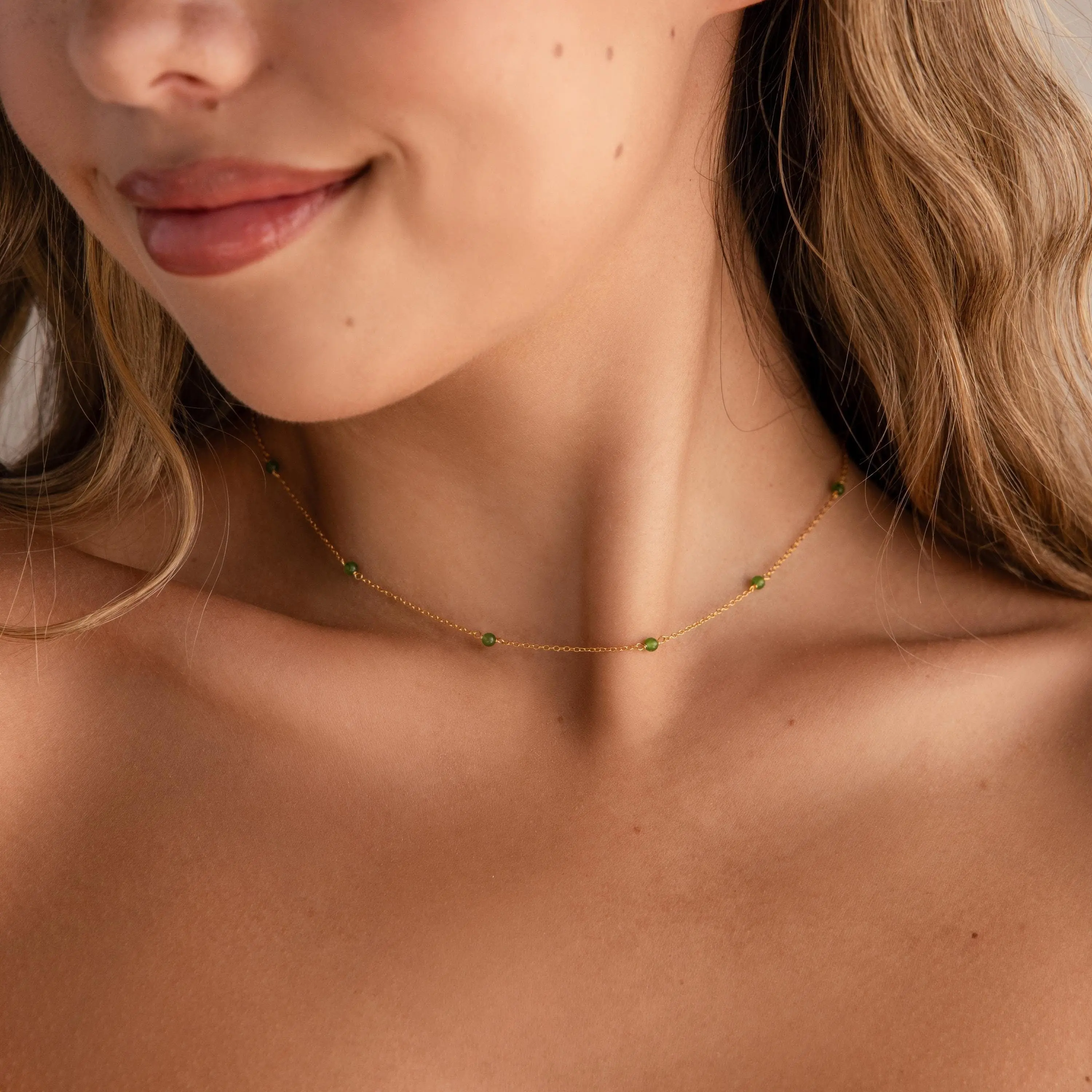 Dainty Jade Station Necklace by Caitlyn Minimalist - Beaded Green Gemstone Charm Necklace - Delicate Jade Choker Necklace, Perfect for Layering - Boho Summer Jewelry - Gift for Her