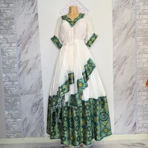 Ethiopian and Eritrean Traditional Dress Handmade 100% Cotton with Green and White Patterns እጅ ጥልፉ