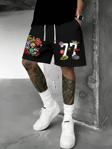 Men's Casual Loose-Fitting Drawstring Active Shorts, Digital Letter Print, Summer Wear, Ideal for Office, Travel, Outdoor Activities