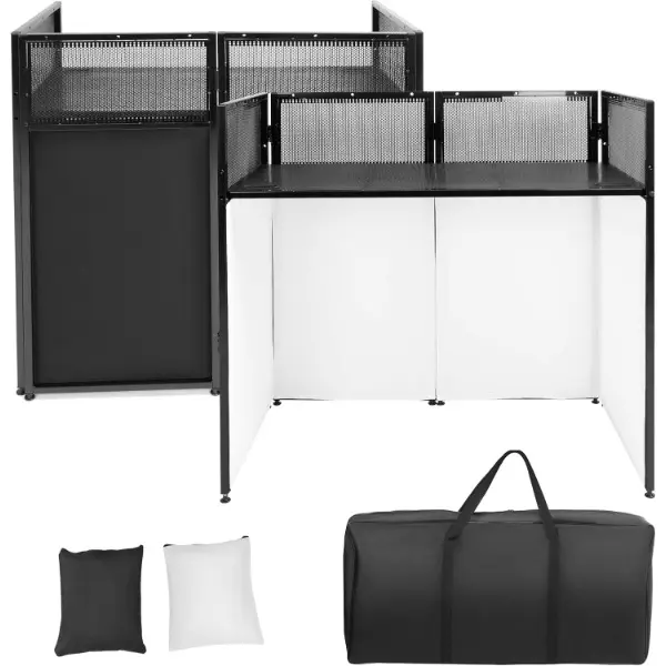 Durable Sturdy Portable DJ Booth Setup - Foldable 20"x40" Tabletop Facade Station, Space-Saving for Small Venues, W/Integrated Cable Channels, Compact Storage, Travel Bag & Black-White Scrims, Durability, Cable Management