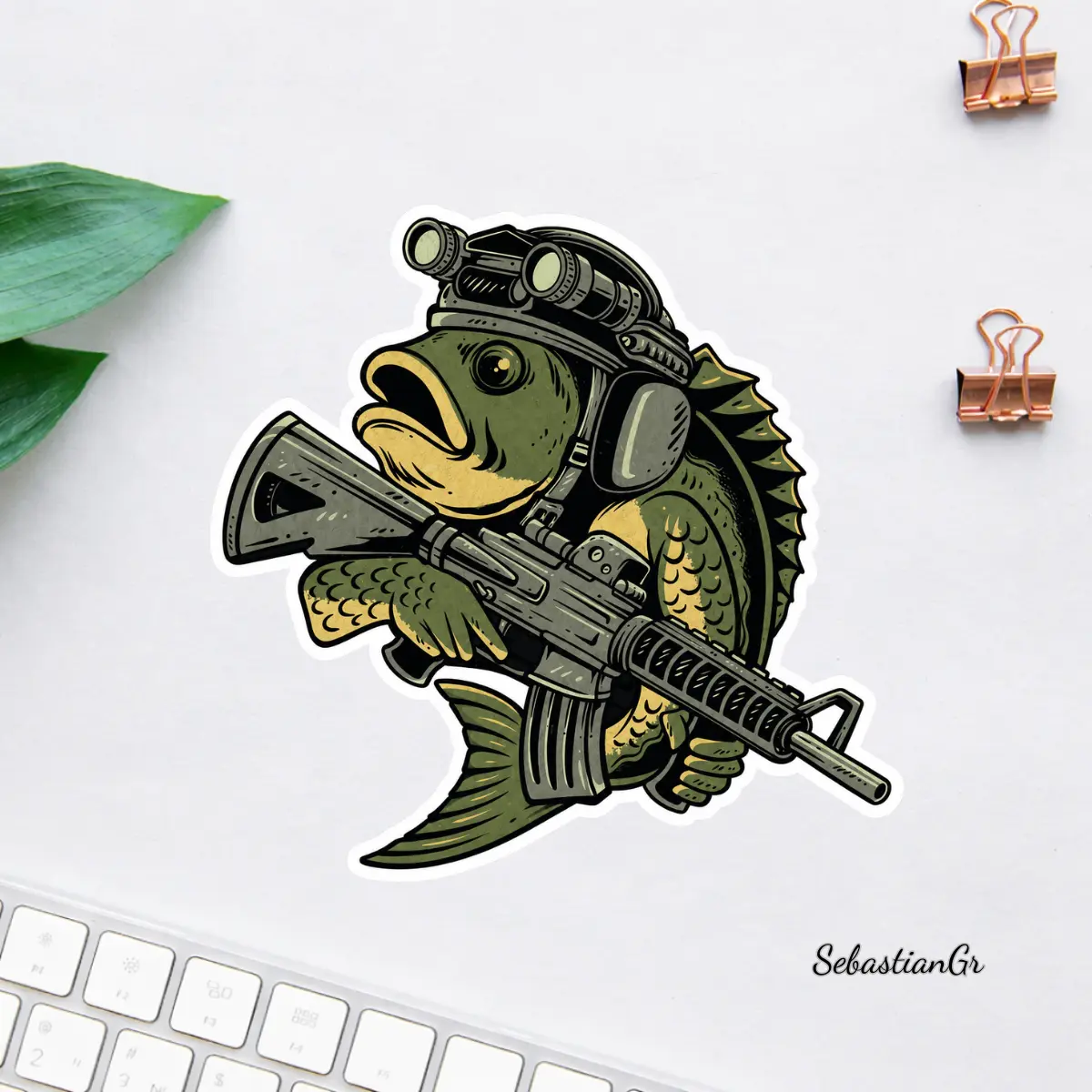 Tactical Bass Fishing Sticker, Armed Largemouth Bass Vinyl Decal, Funny Military Fisherman Sticker, Waterproof Outdoor Fishing Decal