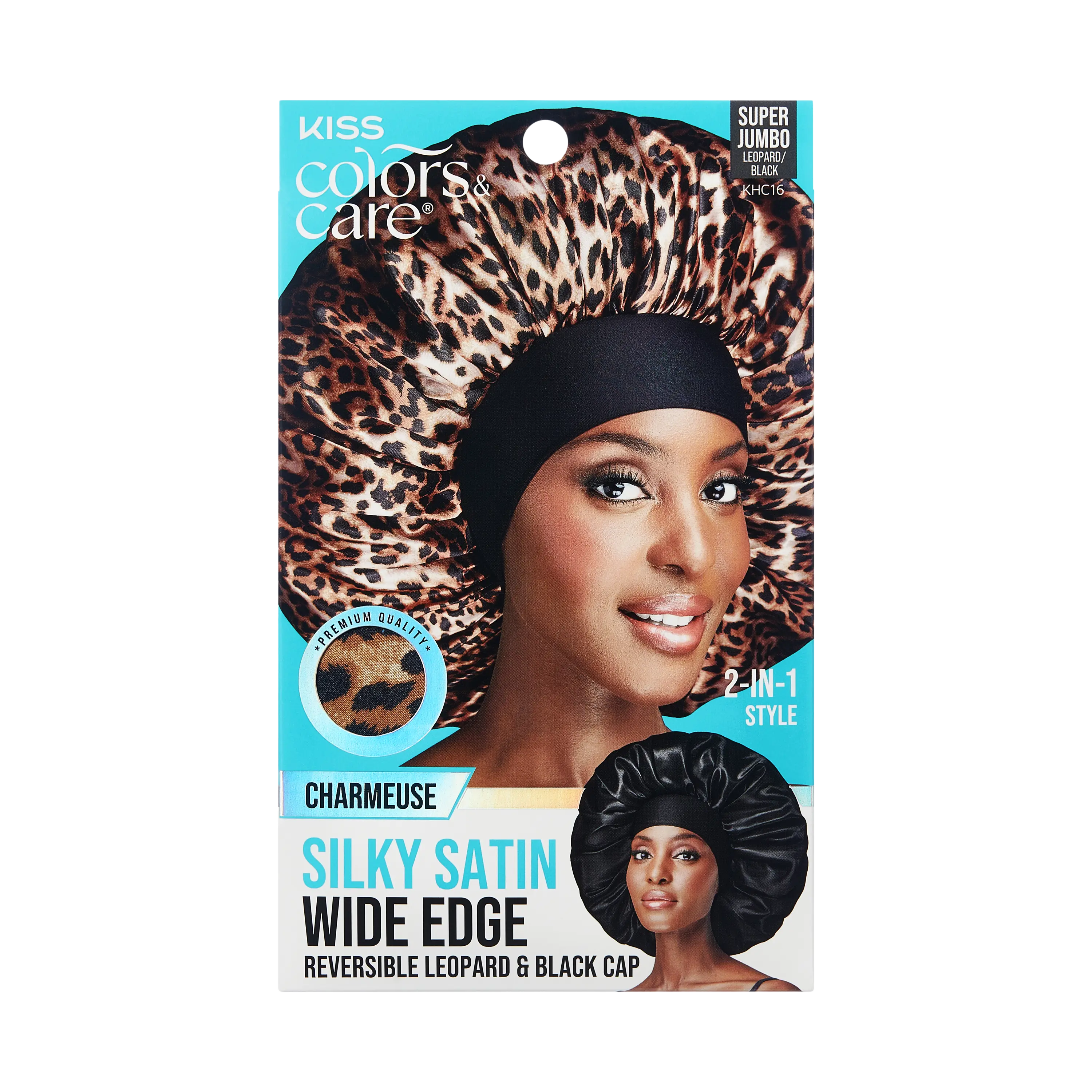 Kiss Colors & Care Silky Satin Double Wear Cap - Leopard | Reversible, Silk Bonnet, Sleep Bonnet, Super Jumbo, Hair Accessories