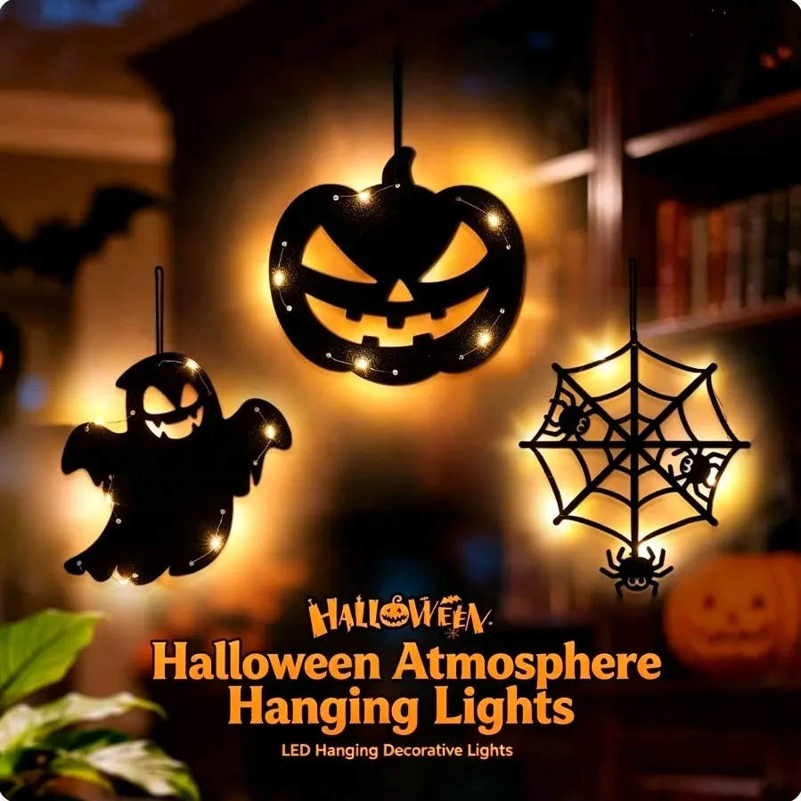 Halloween LED Hanging Silhouette Lights, Pumpkin Ghost Witch Bat Spider Web Window Wall Decor Lamp, Battery Operated Spooky Party Atmosphere Prop for Home Bar Window