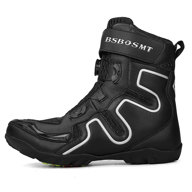 Men's Motorcycle Boots - Closed Round Toe Shoe, Fashion Footwear with White Accents, Secure Fastening System for Enhanced Comfort, Mid Calf