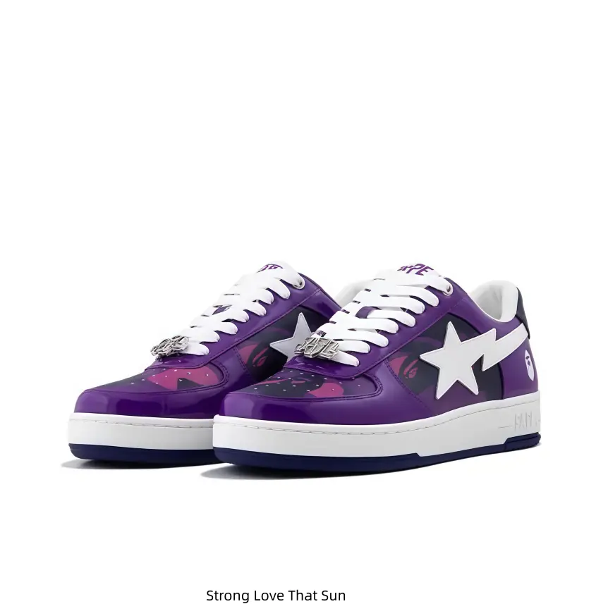 Unisex Glossy Purple Printed Low-Top Sneakers with White Star Lightning Logo, white laces decorated with rhinestone shoelace ornaments, white midsole and dark blue outsole, trendy hip-hop streetwear casual shoes for men and women