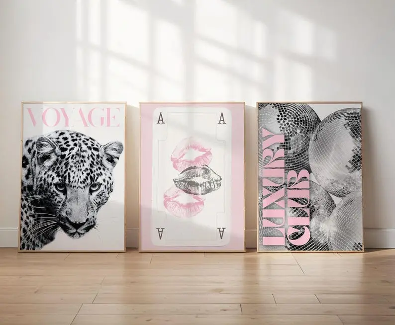 Pink Leopard Wall Art Set Black and White Gallery 3 Trendy Fashion Stylish Prints Decor Office Aesthetic Girly Wall Art Fashion Magazine