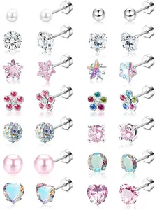 14 Pairs Small Stud Earrings Set for Women Girls - Stainless Steel Hypoallergenic Cute Pearl Flower Heart Cubic Zirconia Screw Back Multicolored Stud Earring Jewelry