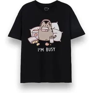 Pusheen Men's T-Shirt Adults I'm Busy Short Sleeve Graphic Tee in Black Polyester Classic Fit Round Neck Super Soft for Summer