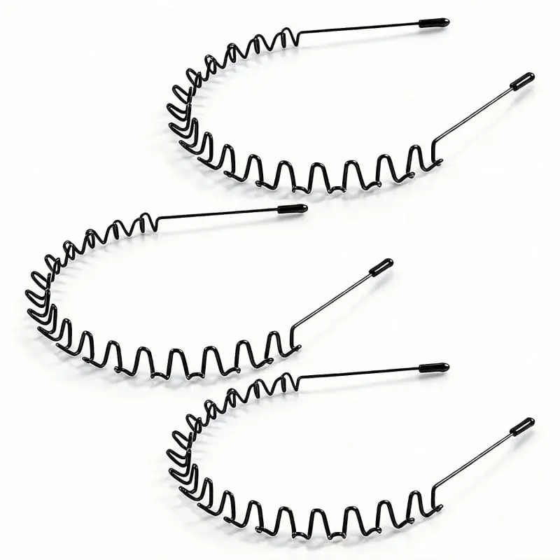3-Pack Men's Fashionable Metal Headbands -- Unisex Wavy Black Headbands  Simple, Non-Slip Sports Headwear  Fashion Accessory  Everyday Essential