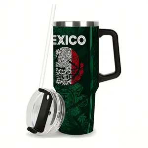 2026 Mexico Soccer Tumbler Cup with Handle and Straw, Chichén Itzá Pyramid Graphic Travel Mug, Mexican Flag Inspired Stainless Steel Insulated Cup, Retro Soccer Fan Gift