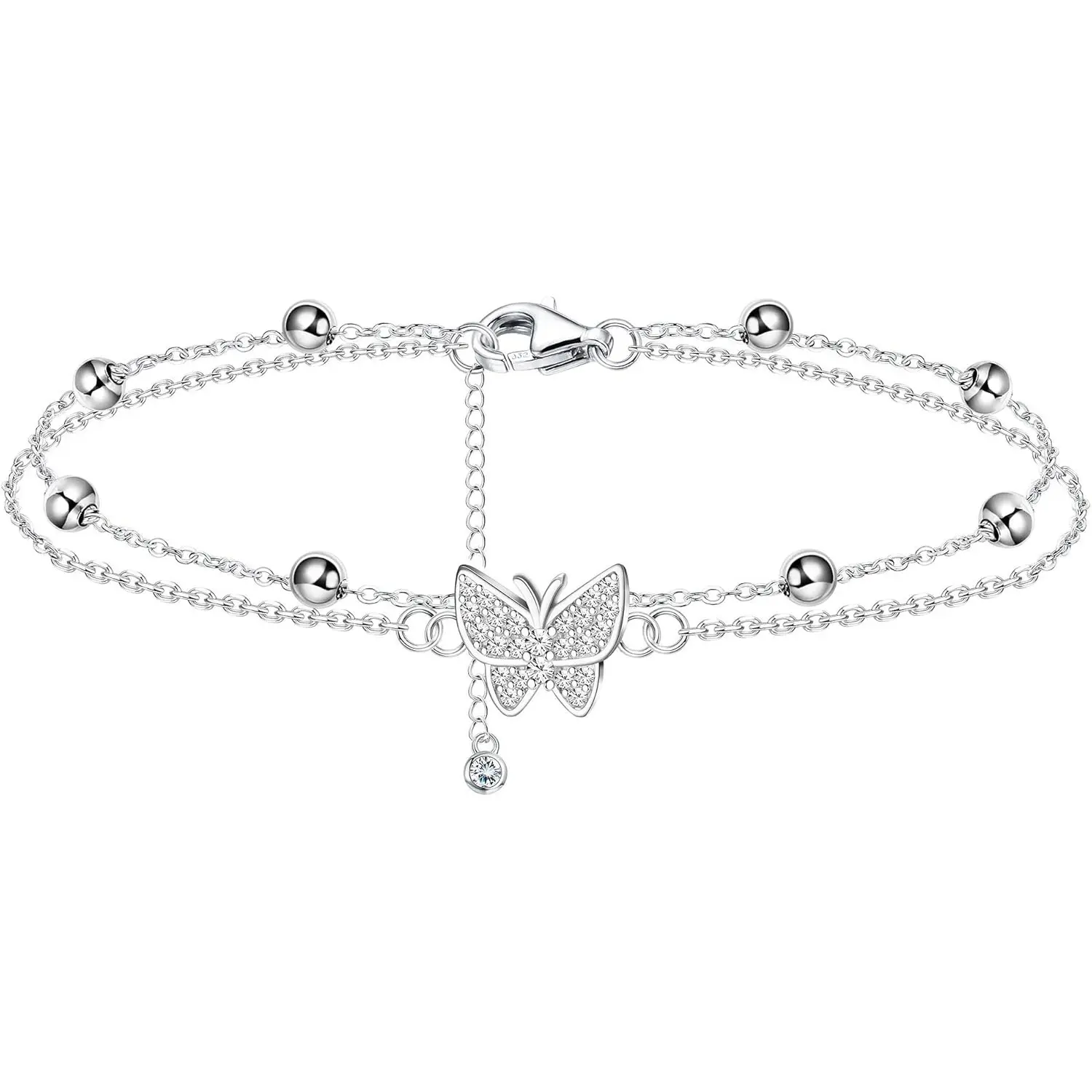 Trendy Summer 925 Sterling Silver Ankle Bracelets for Women Heart Butterfly Beaded Initial Anklet Layered Dainty Chain Adjustable Beach Foot Jewelry Summer Cute Beach Gift for Her Exquisite Bracelet, Silver Bracelets & Anklets