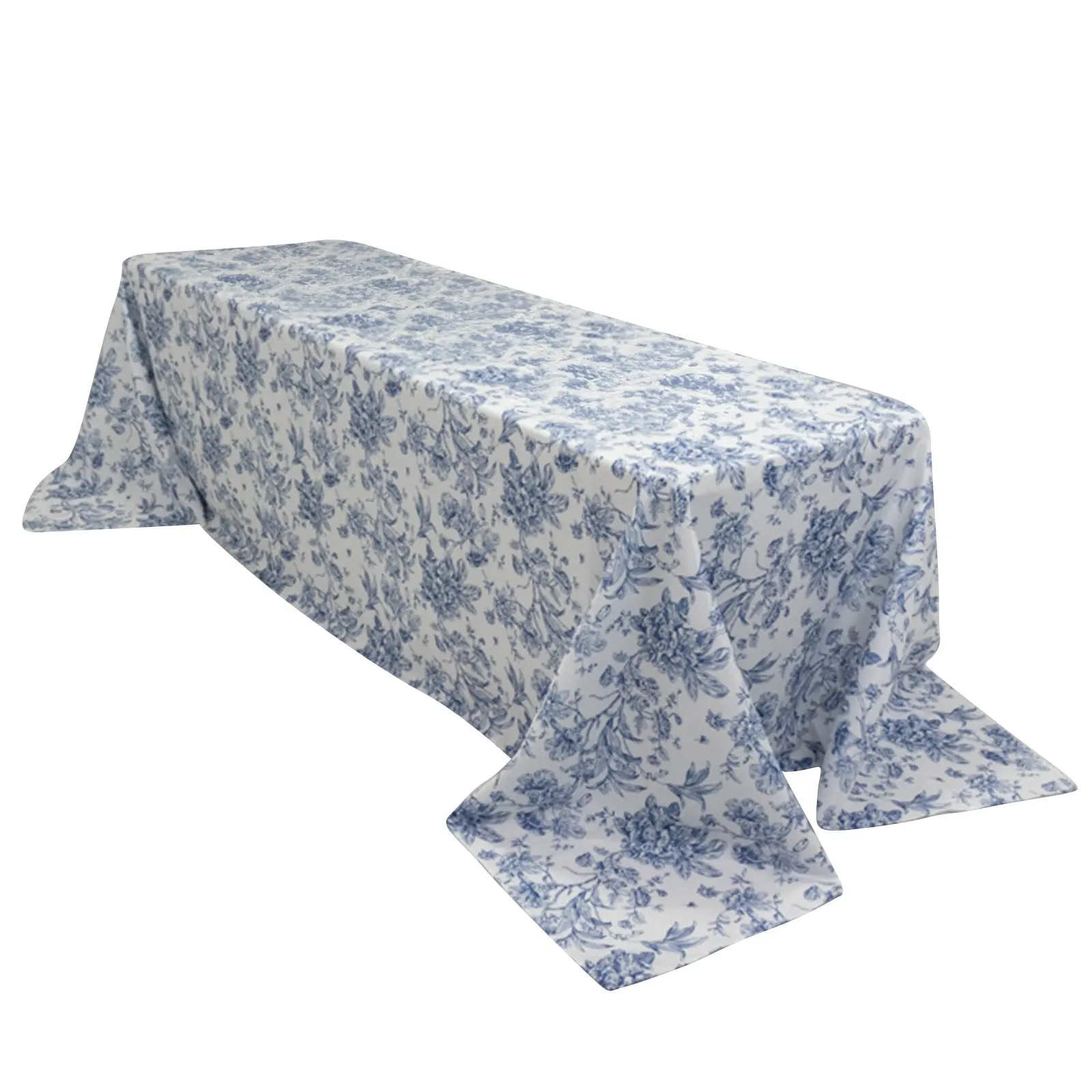 Seamless White Blue French Toile Polyester Rectangle Tablecloth (90x156 in) - Machine Washable, Decoration for Chic Weddings, Large Outdoor Tablecloths with Seamless Look
