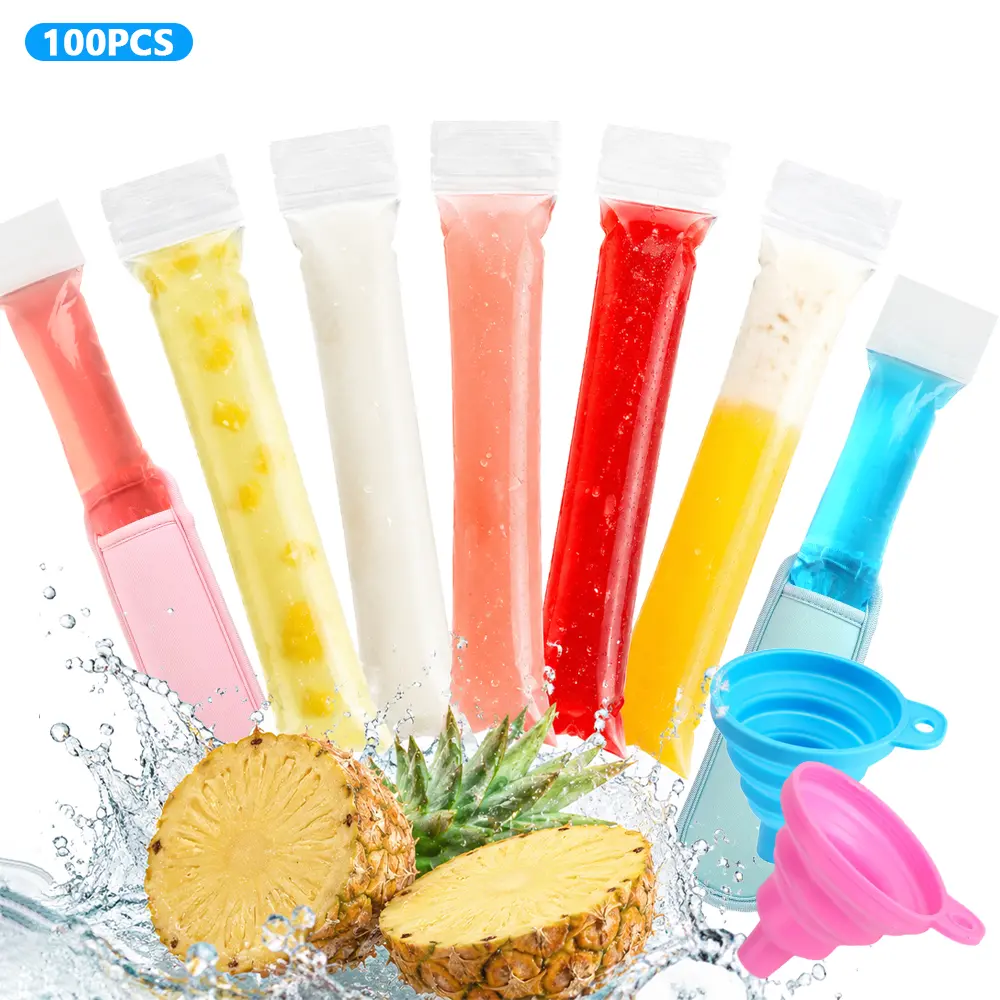 100 piece disposable popsicle bag set, equipped with 2 protective covers and 2 foldable silicone funnels, used for homemade fruit smoothies, yogurt bars, and juice popsicles, for summer parties, children's activities, and outdoor picnics