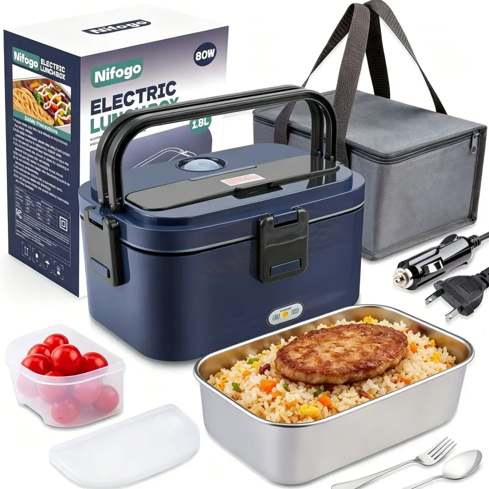 Portable Fast-Heat Electric Heated Lunch Box Bento Bag for School Students, Triple Voltage Supply, Spill-Safe, LED Screen, Liner, Fork, Spoon, Thermal Handbag – Car Interior Accessory, Construction Worker Lunch Box, Tableware