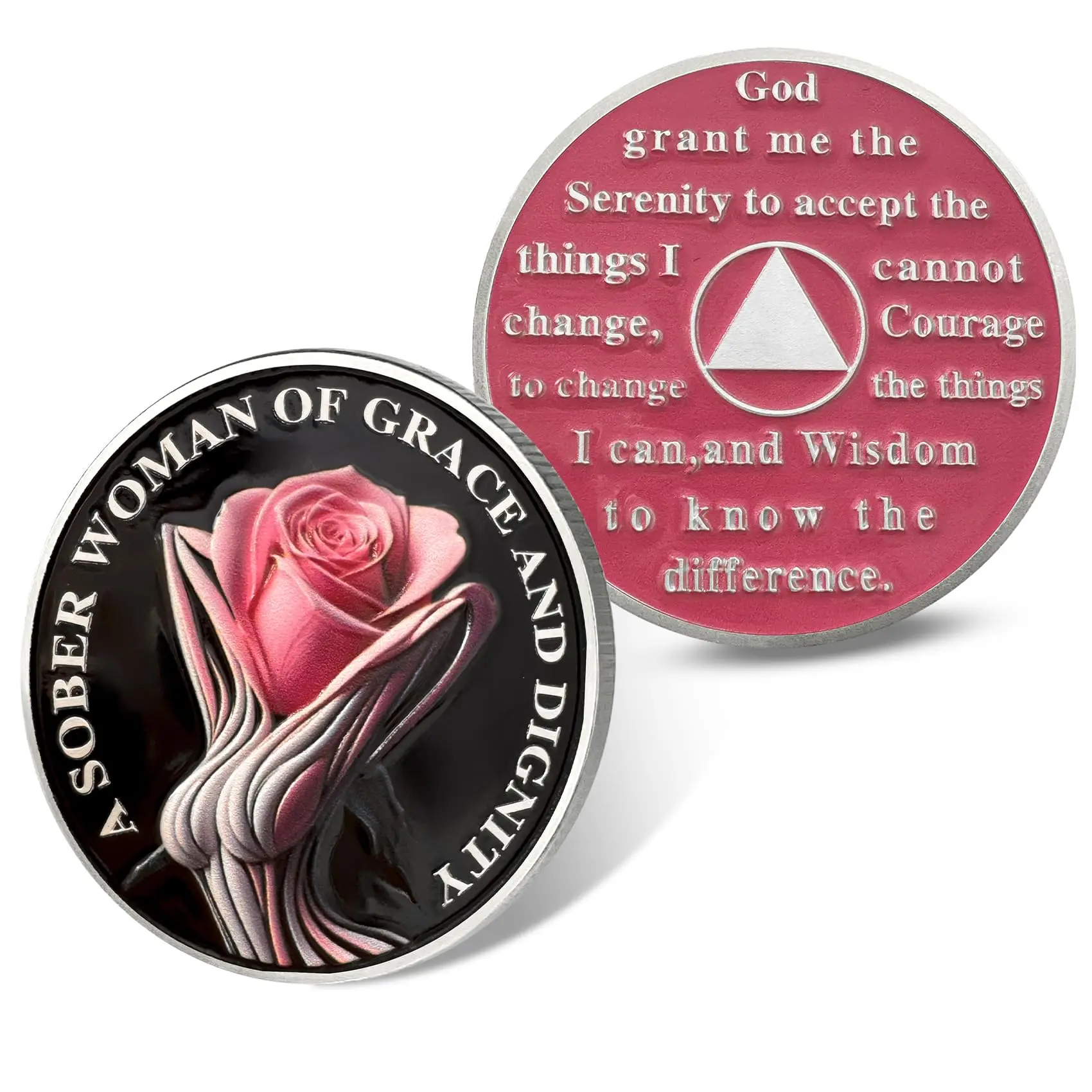 Women's Floral Rose Sobriety Coin - 2mm Thick, 35mm Diameter Serenity Prayer Medallion, 12 Step Recovery Easy-to-Carry Daily Reminder Keepsake, Encouragement Gift for AA/NA Meetings Sober Anniversary, Family Member