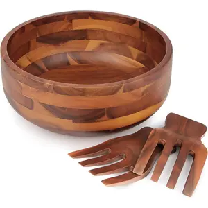 Acacia  Salad Bowl Set with 2 Wooden Hands, Large Salad Bowl with Serving Utensils, Big Mixing Bowl for Fruits, Salad, Cereal, Corn flake,Pasta 11" Diameter x 4.5" Height