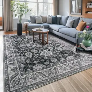 Boho Vintage Floral Faux Cashmere Area Rug, Non-Slip Machine Washable Low-Pile Carpet, Grey, for Living Room & Bedroom, Boho Area Rug