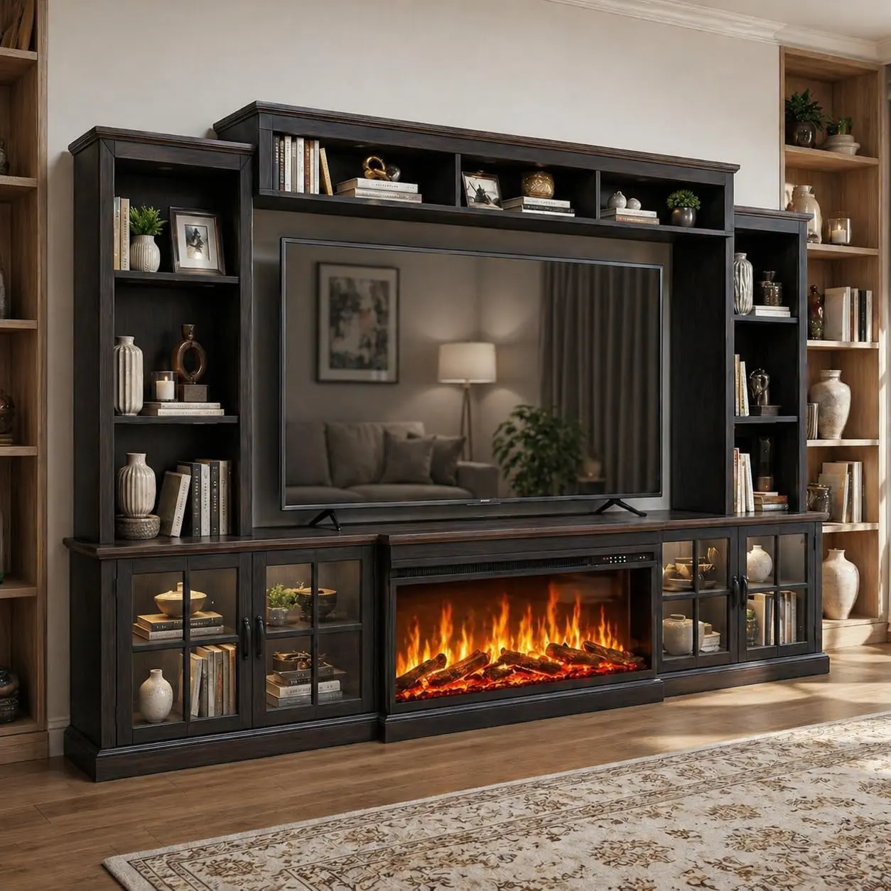 Aoxun 98-in Farmhouse TV Stand with TV Frame - 36-in Fireplace, Wood Bookshelf, Wine Cabinet, Power Outlets, Barn Doors, Fits 75-in Screens, Wall Unit Console Table, Living Room Furniture (3 Packages Shipping, White/Black),dorm essentials,home decor