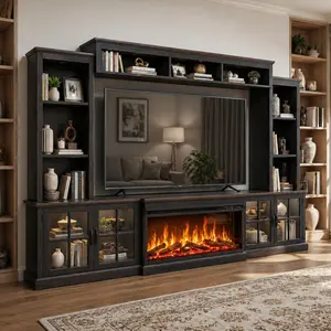 Aoxun 98-in Farmhouse TV Stand - 36-in Fireplace, Wood Bookshelf, Wine Cabinet, Power Outlets, Barn Doors, Fits 75-in TVs, Wall Unit Television Console Table, Furniture Living Room (3 Packages Shipping, White/Black)