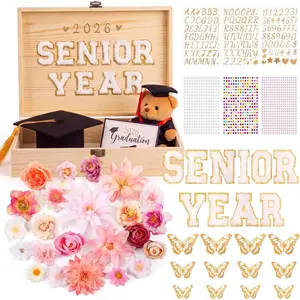 50 count 2026 DIY Senior Year Graduation Keepsake Box Kit Large Wooden Memory Box with  Butterfly, , Glitter Alphabet Letter & Number  for Her Gifts( Color, White)