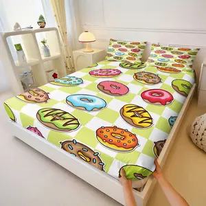 3Pcs Colorful Cartoon Donuts Fitted Sheet Set, Vibrant Green and White Checkered Pattern, Fun and Playful Bedding Design, Perfect for Kids Rooms and Dessert Lovers, Comfortable and Stylish Sleep ExperienceIncludes 2 Pillowcases, No Pillow Core