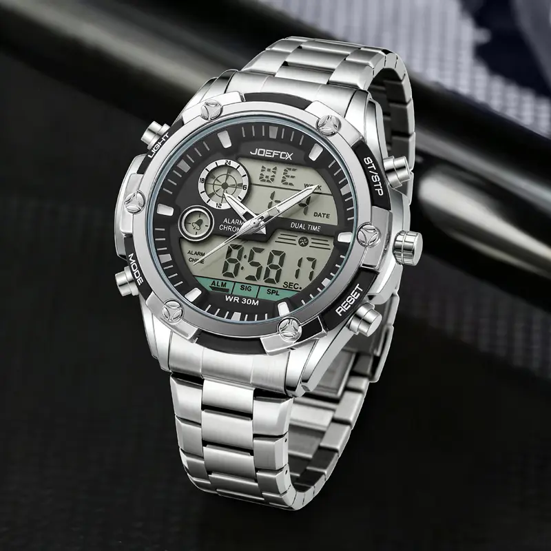 Men’s Digital Multifunctional Watch - Electronic Movement, Sporty Waterproof, Stainless Steel Strap, Alloy Case, 186g Heavyweight, LED Display, Casual Wristwatch, Durable Fashion Timepiece for Outdoor Travel, Daily Wear, Sporty Waterproof Watch