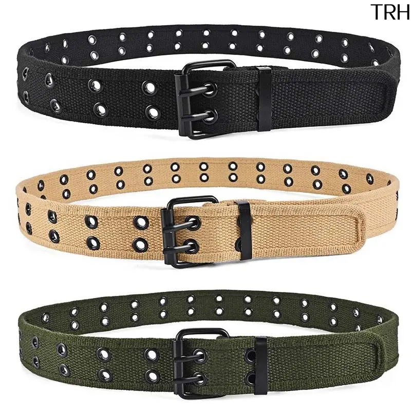 Punk Vintage Canvas Belt for Men with Double Row Metal Eyelets and Double Prong Buckle, Fray-Resistant Strap for Teen Streetwear Outfits, Belt With Buckle, Design Belt