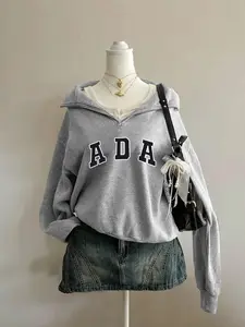 Women's Casual Wearable Home Clothes Top, Half Stand Collar Zipper Pullover Hoodie Long Sleeve Letter Print, Comfortable Leisurewear for Fall & Winter