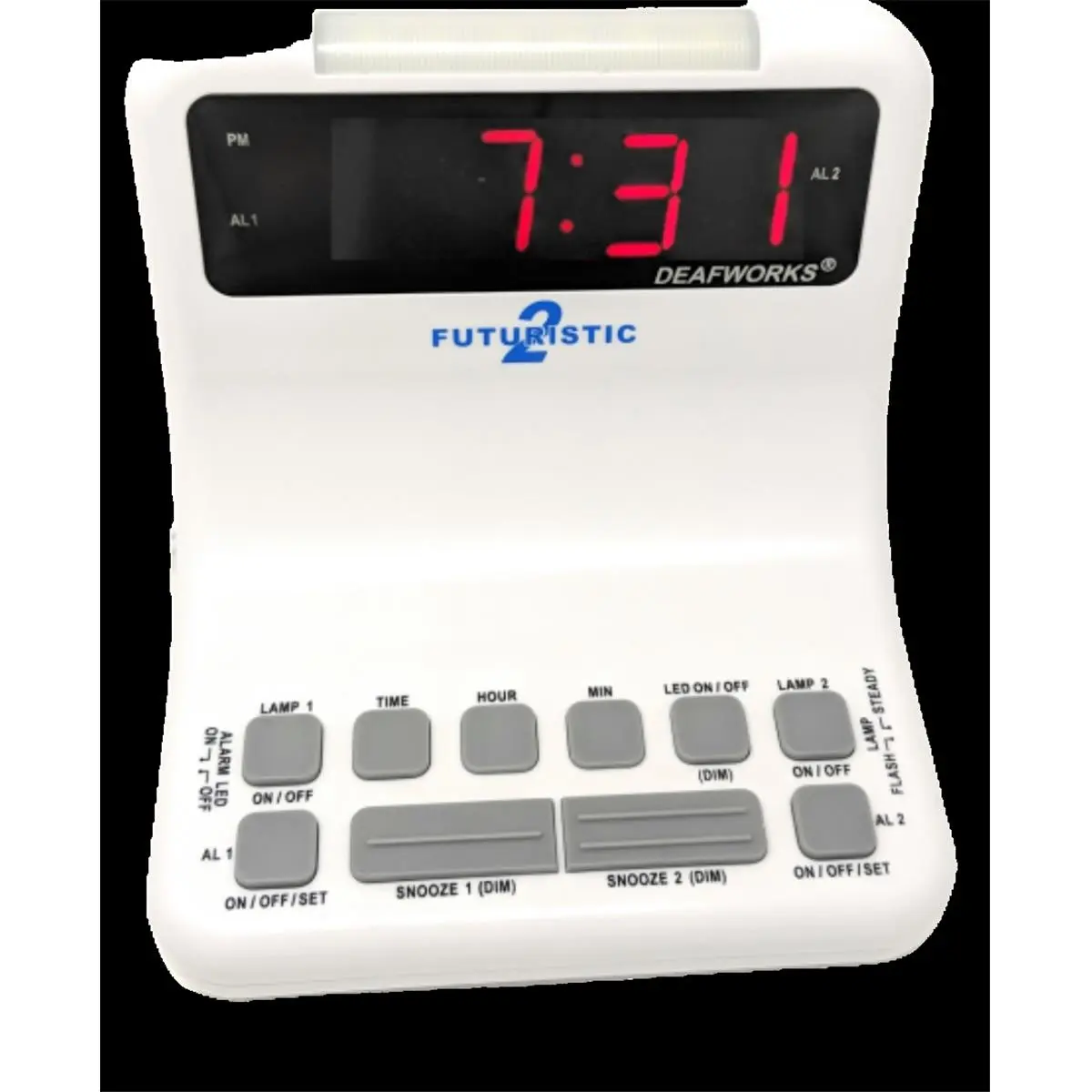 212 MAIN Deafworks Futuristic 2 Digital Modern Dual Alarm Clock - White Home Decor Clock with Flashing or Steady Light Mode, Dual USB Charging Ports, Digital Clock