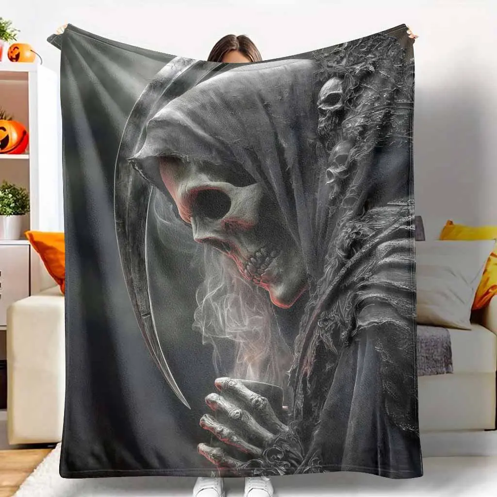 HD Flannel Throw Blanket - Grim Reaper Skull and Scythe Print, Ultra-Soft, Warm, Lightweight, Anti-Pilling, Breathable, Wrinkle-Resistant, Durable Decorative Option for Gothic Home Decor, Blanket Gifts