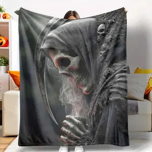 Grim Reaper Flannel Blanket, Skull and Scythe Print, UltraSoft, Warm, Lightweight, AntiPilling, Perfect for Halloween Decor, Gothic Home Decor, Spooky Season Gift, Cozy Nights, Dorm Room, Living Room, Bedding, Movie Nights.