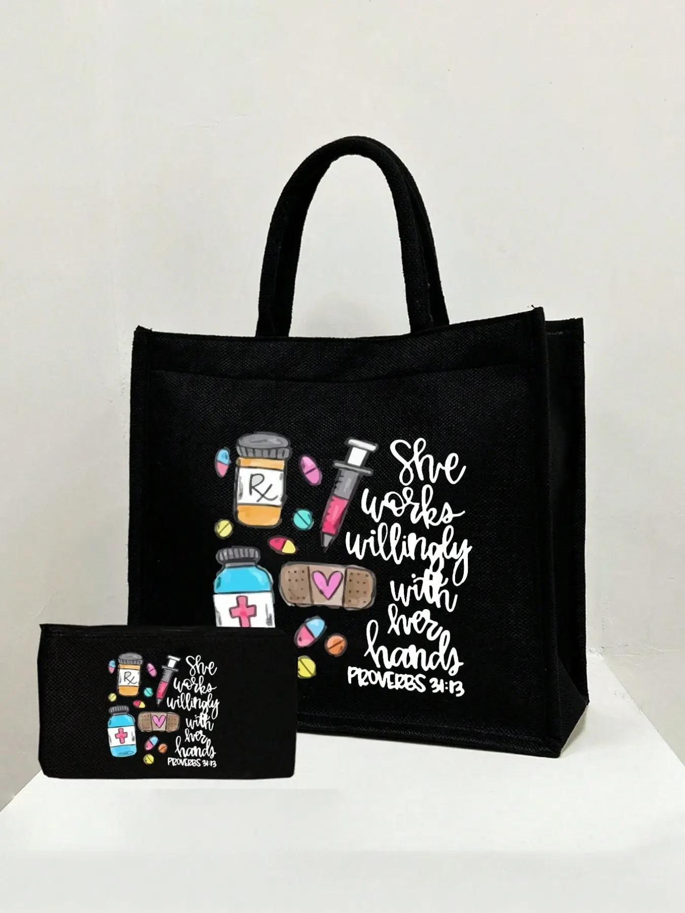 Teacher Theme Handbag and Makeup Bag Set, Includes Tote Bag and Coin Purse, Large Capacity Shopping Bag, Portable Cosmetic Bag