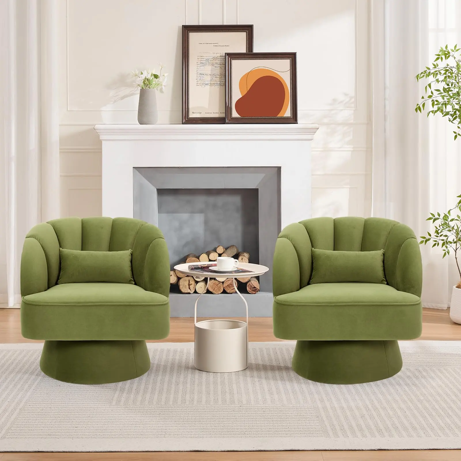 Garvee Swivel Barrel Chair - Velvet Upholstered Modern Armchair with Striped Backrest & Plush Padding, Round Lounge Chair for Living Room, Bedroom, Small Spaces, Green - (2 Pcs), Swivel Chairs, Nursery