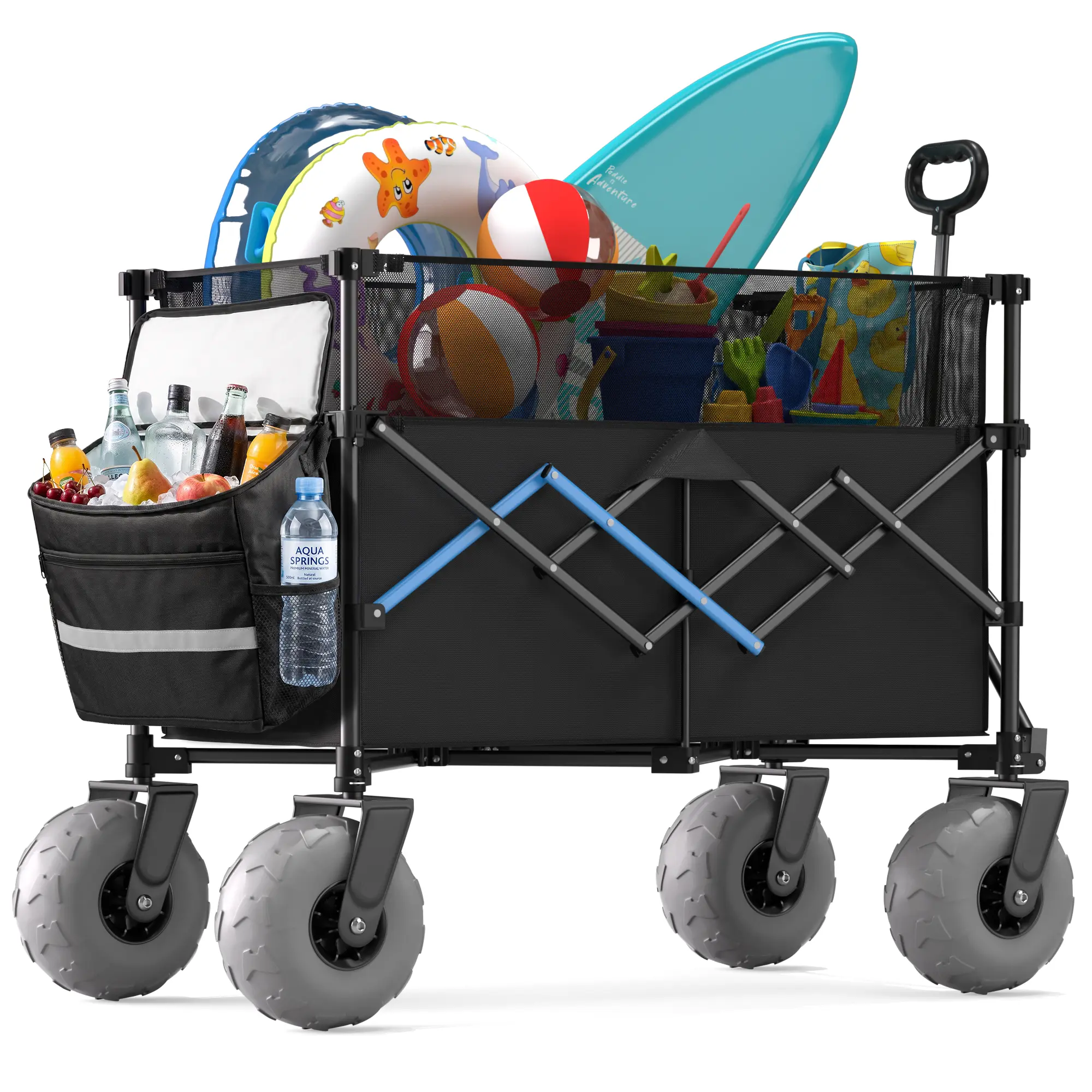 Beach Wagon for Sand, 380L Heavy Duty Collapsible Wagon Cart with 9” Balloon Wheels, Cooler Bag, Adjustable Handle, 450LBS Load Capacity, Foldable Outdoor Utility Wagon for Beach, Camping, Sports & Garden