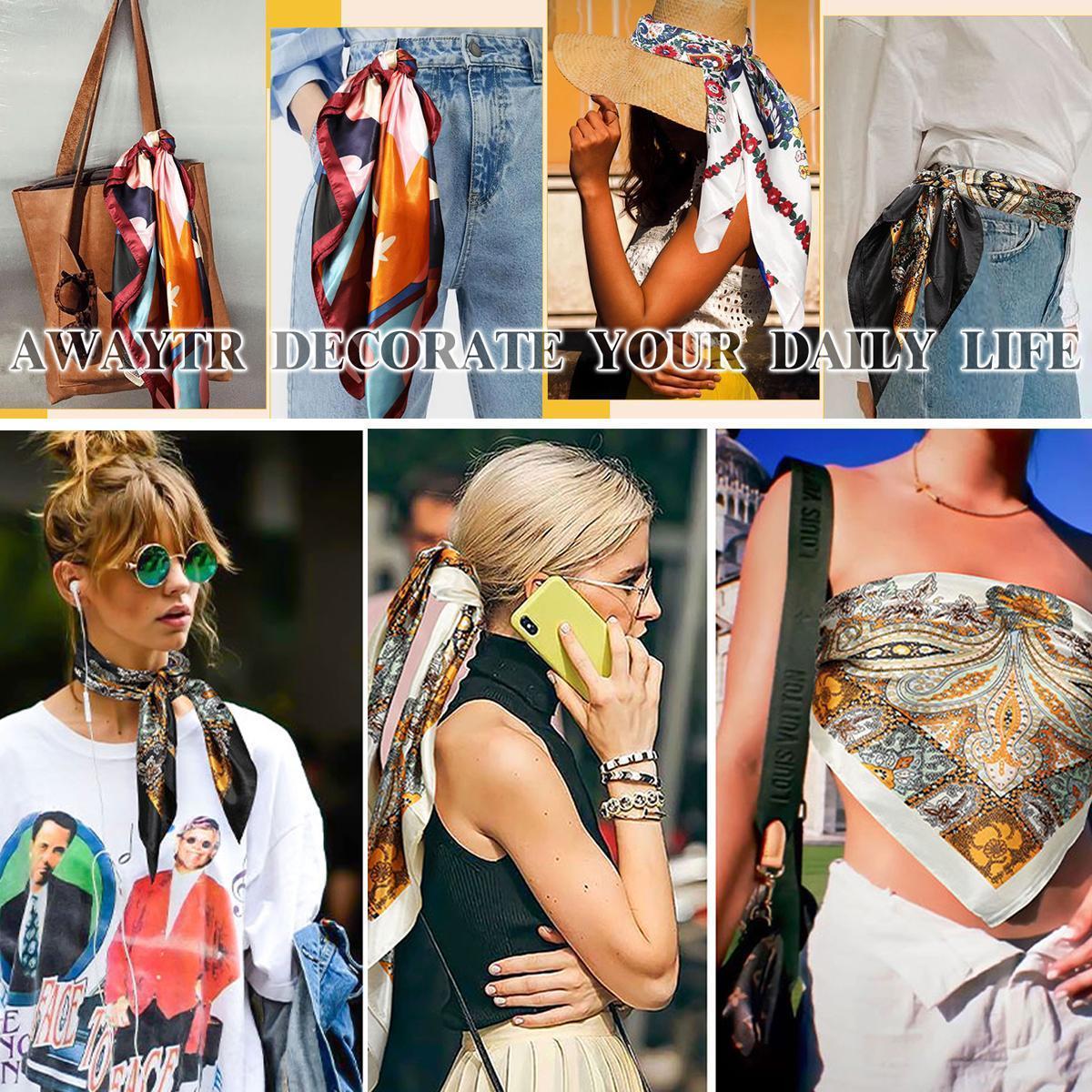 AWAYTR Women's 4-Pack Square Scarves Set - 35" Large Silk-Like Satin Floral Pattern Shawl, Matching Headscarf, Neck Scarf Bandana, Bandana Style Fashion Accessory