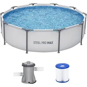 Steel Pro MAX 10' x 30" Above Ground Pool, Round Metal Frame Outdoor Swimming Pool Set with Filter Pump & Type I Cartridge, Gray