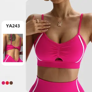Sports Bras for Women, Spaghetti Strap Padded Workout Bra with Ruched Cutout, White Striped Medium Support Seamless Yoga Bra for Gym Fitness Running