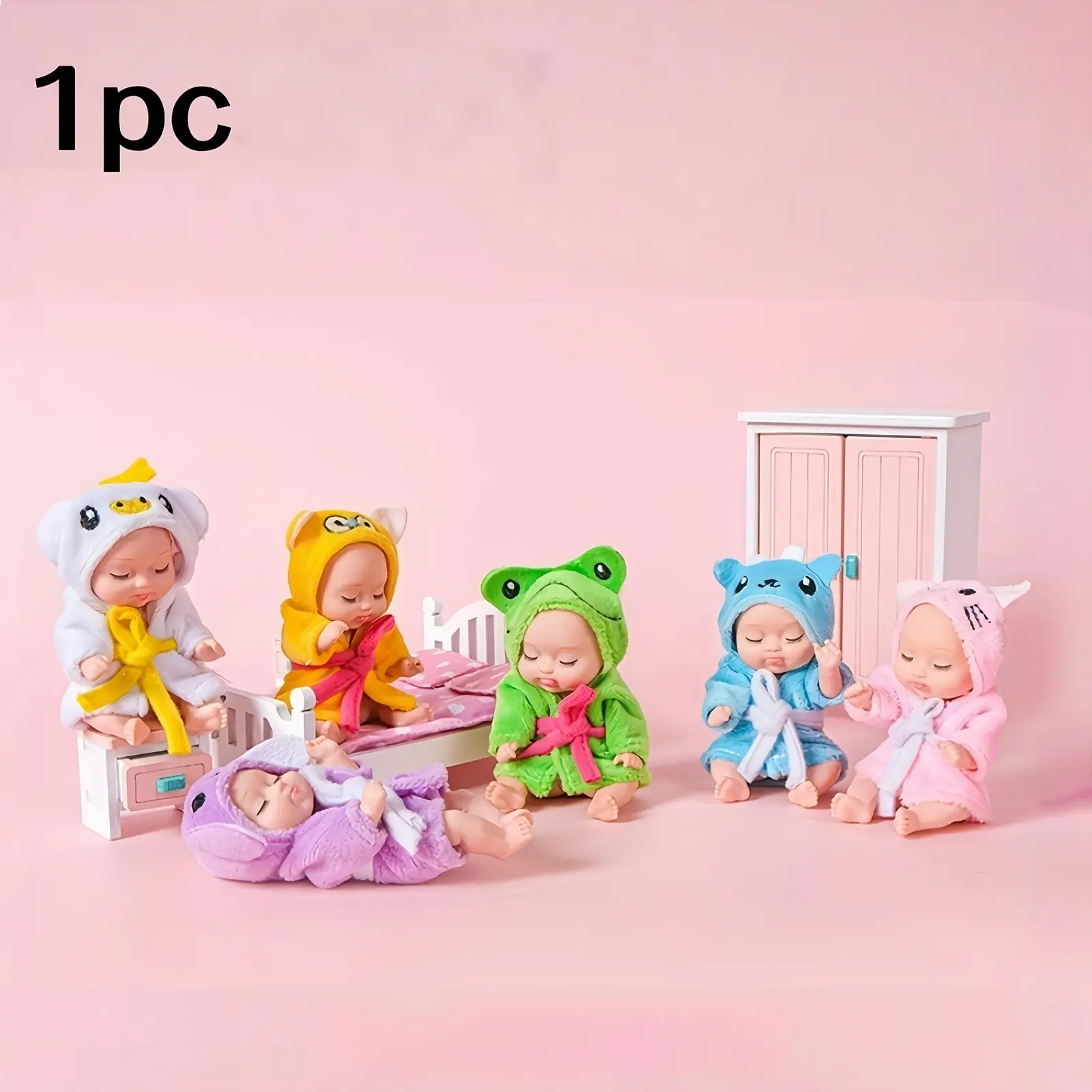 1Pc Mini Sleeping Baby Doll with Cute Animal Flannel Bathrobe, Pocket Size Vinyl Tiny Doll, Pretend Play Collectible Toy Gift for Little Girls Ages 3+
