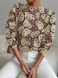 Women's Cartoon Cat Animal Print Stand Collar Fitted Short Sweater Top, Fall Winter Casual Long Sleeve Knitwear, Comfortable Warm Daily Wear