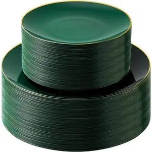 100PCS Green Gold Plastic Plates, Green Disposable Plates for Party, Wedding, Include 50 Dinner Plates, 50 Dessert Plates for 50 Guests