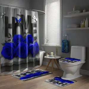 Wooden Rose Butterfly Print Bathroom Set, Includes Waterproof Shower Curtain and Hooks, Non-Slip Bath Mat and Toilet Seat Cover, Bathroom Decoration Accessories