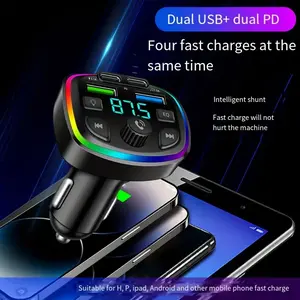 USB C Bluetooth Adapter for Car: Wireless FM Radio Transmitter, Handsfree Calling & Audio Receiver, MP3 Music Player, QC3.0 & Type-C PD Car Charger, 7 Color LED